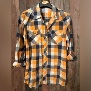 Buckle Reclaim Button Up Long Sleeve Shirt Mens EUC Large Orange and Navy Blue
